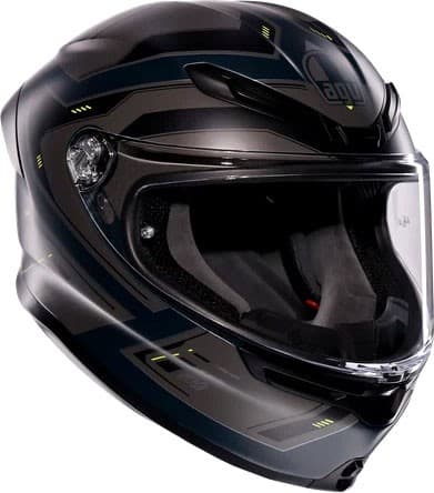 Matt grey full face motorcycle helmet with fluo yellow accents, featuring a clear visor, aerodynamic design, and ventilation openings for enhanced airflow.