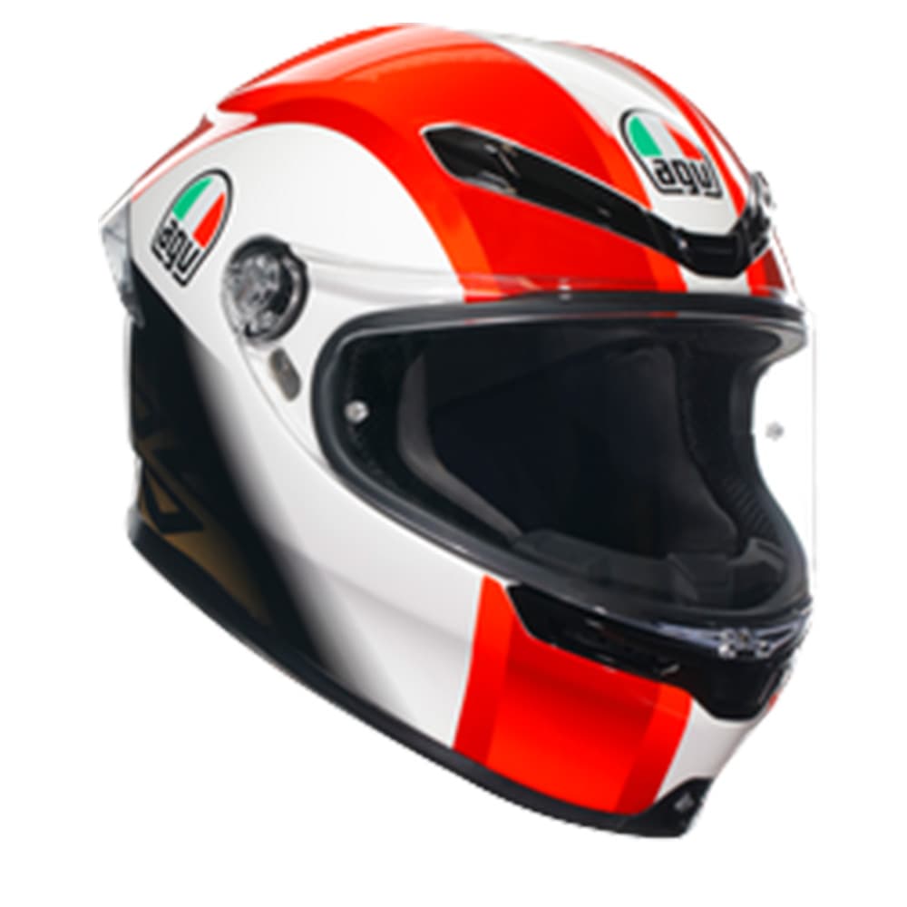 AGV K6-S SIC58 full face helmet replica featuring a vibrant red and white design with black accents, a clear visor, and the AGV logo prominently displayed.