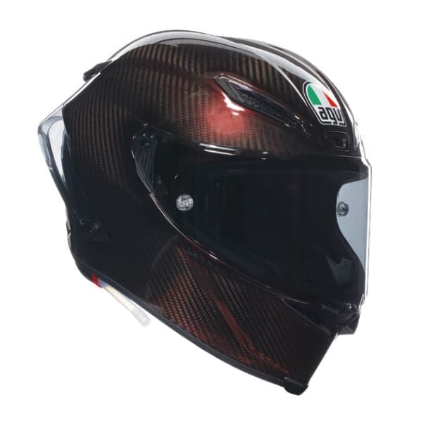 Full face motorcycle helmet in glossy black with carbon fiber texture, featuring a clear visor, AGV logo, and Italian flag detail on the front.