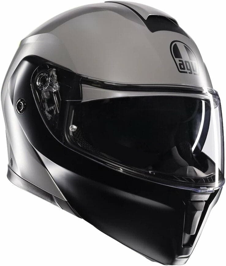 AGV Streetmodular Resia Helmet in grey and yellow, featuring a sleek aerodynamic design, clear visor, and size S for men, ideal for street riding.