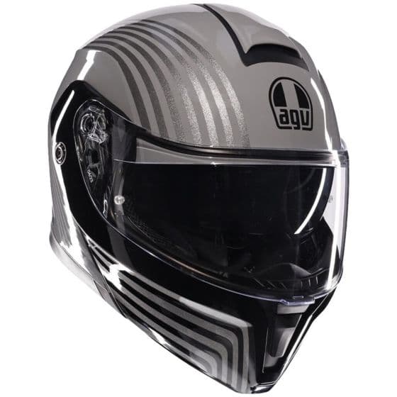 AGV Streetmodular Iseo flip-up helmet in grey and black, featuring a sleek design, reflective stripes, clear visor, and size L for optimal fit and comfort.
