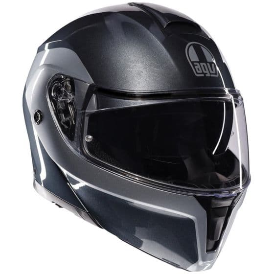 Dark grey and silver AGV Streetmodular Levico flip-up helmet, size M, featuring a clear visor, sleek aerodynamic design, and AGV logo on the front.