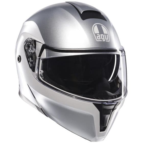 Grey AGV Streetmodular Levico Helmet in size S for men, featuring a sleek aerodynamic design, a tinted visor, and a glossy finish with the AGV logo prominently displayed.