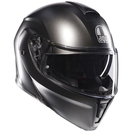Grey AGV Streetmodular Mono Helmet in size XS for men, featuring a sleek aerodynamic design, a clear visor, and a matte finish.