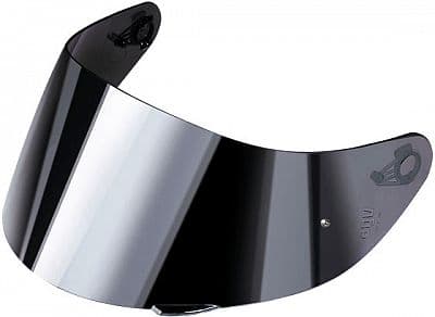 Silver-mirrored helmet shield for AGV K3, featuring a sleek, reflective surface with attachment points on either side, designed for sizes XL-XXL.