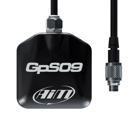 Black AIM Motorsport GPS09 module with a sleek design, featuring a 4m cable and a connector, prominently displaying the "GpS09" and "aiM" logos.