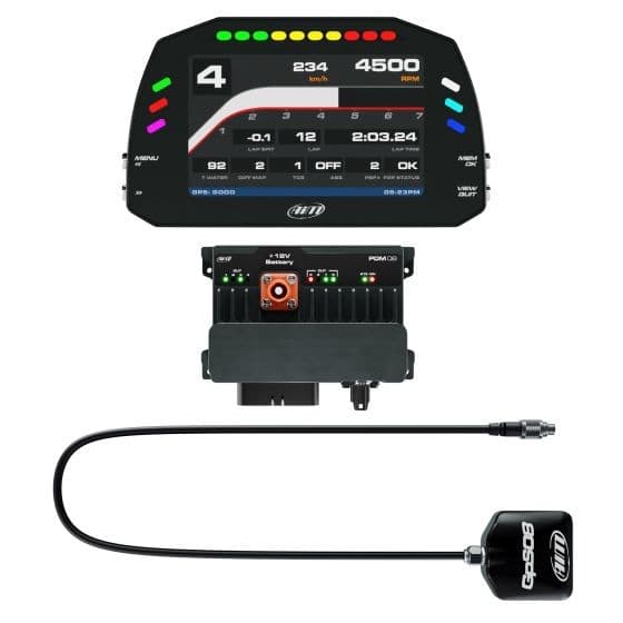 Advanced power distribution module and data logger kit featuring a 5-inch colorful display with race icons, a black control unit, and a 4m long GPS cable.