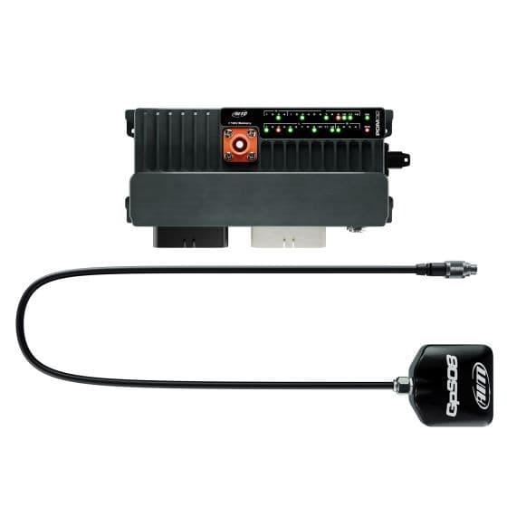 Advanced black power distribution module with orange control knob, LED indicators, and a 4m long GPS cable featuring a sleek black antenna.