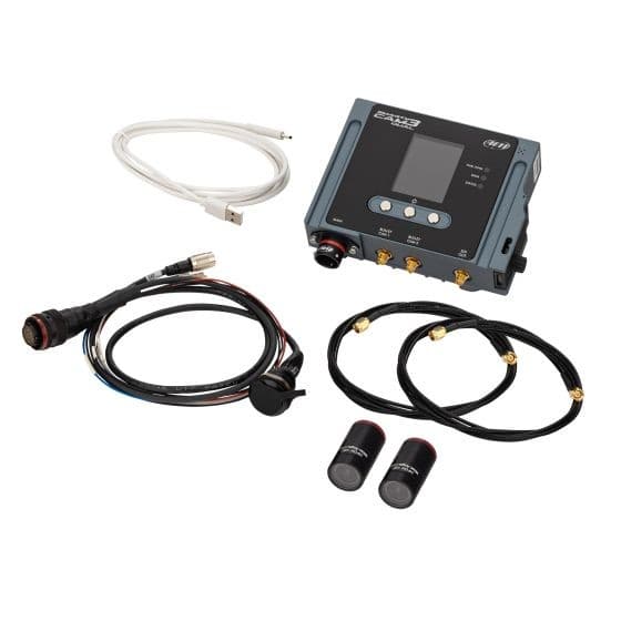 AiM Motorsport SmartyCam 3 system featuring a compact black and grey camera unit, two bullet cameras with 120-degree lenses, and various cables including an Ethernet harness.