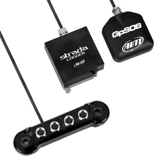 AIM Motorsport Strada Track Logger Kit featuring a black logger unit, GPS antenna, and a data hub with four input ports, all connected by 0.5m cables.