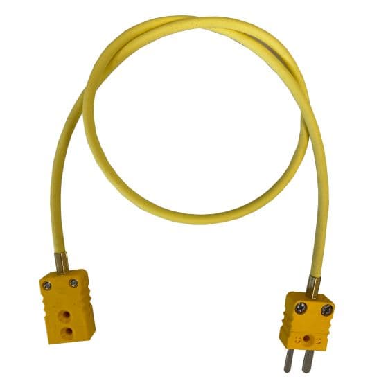 Yellow thermocouple patch/extension lead, 0.5m long, featuring two connectors with screw holes, designed for high-temperature measurement in motorsport applications.