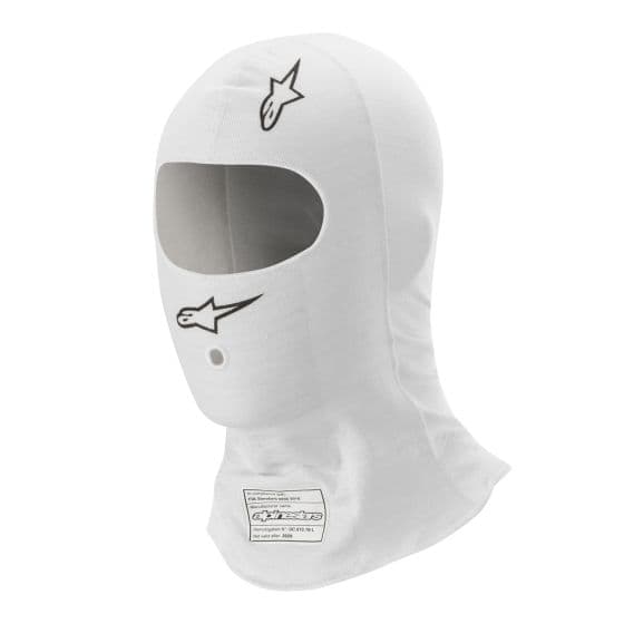 White Alpinestars Race V3 balaclava made of breathable material, featuring a front opening for the face and a logo on the forehead, designed for racing and motorsport use.