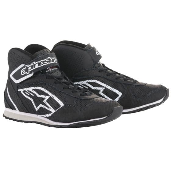Black Alpinestars Radar Co-Driver/Mechanics Boots in UK size 9/EUR 43, featuring a mesh upper, white logo detailing, and a secure strap closure for enhanced fit and comfort.