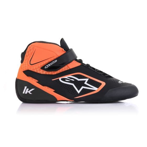 Black kart boots with fluro orange and white accents, featuring a sleek design, mesh panels for breathability, and a Velcro strap for secure fit, size UK 11 / Eur 45.5.