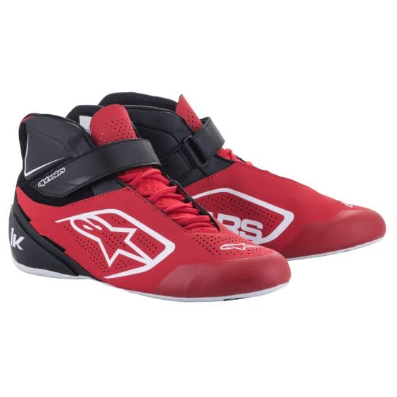 Red, black, and white Alpinestars Tech 1-K V2 kart boots featuring a sleek design, breathable mesh panels, and a secure Velcro strap for optimal fit and performance.
