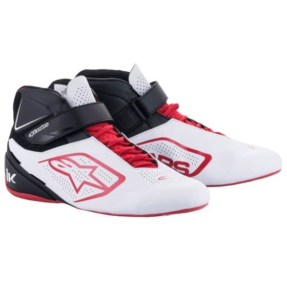 Alpinestars Tech 1-K V2 kart boots in white, black, and red, featuring a sleek design, mesh panels for breathability, and a secure strap closure. Size UK 8 / EUR 42.
