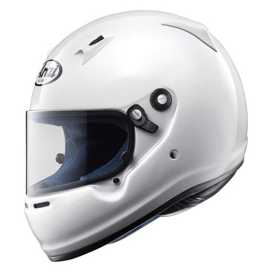 White Arai CK-6 kart helmet in size S (54-55cm) featuring a clear visor, blue interior padding, and ventilation controls on the side.