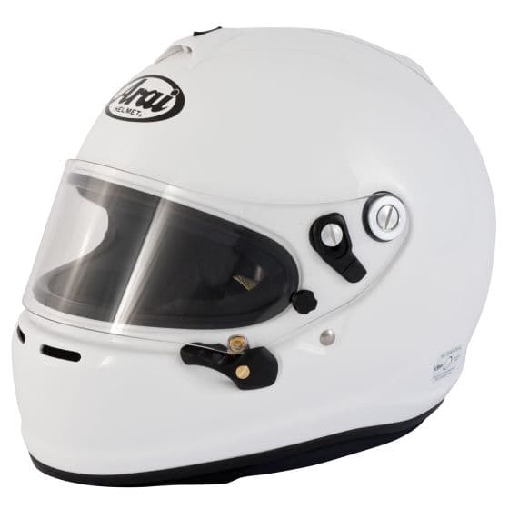White Arai GP-6S helmet in size XS (53-54cm) featuring a clear visor, ventilation ports, and a sleek aerodynamic design.