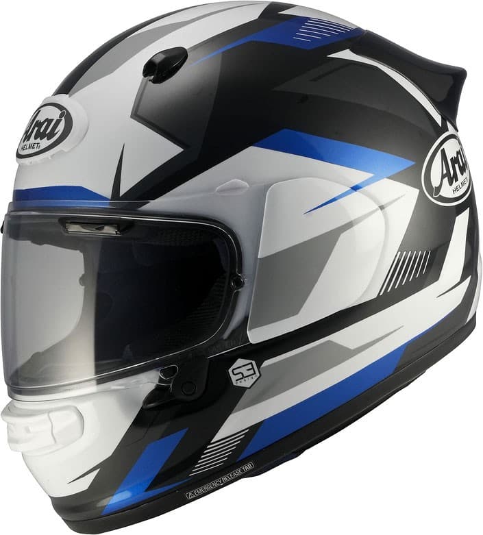 Arai Quantic Supra helmet in white, black, grey, and blue, featuring a sleek aerodynamic design, a clear visor, and a medium size.