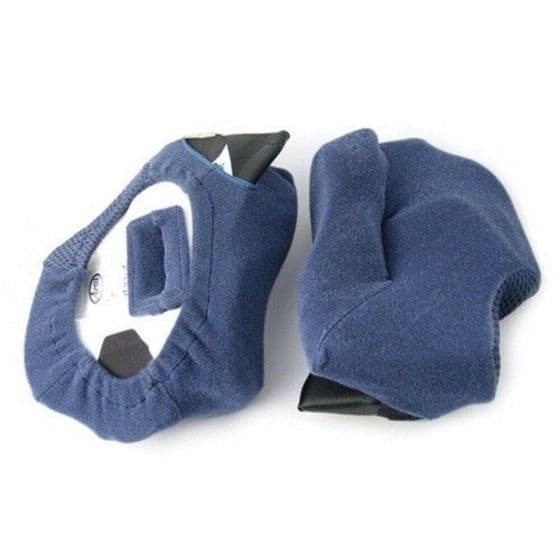 Replacement cheek pads for Arai CK-6 helmet, featuring a soft navy blue fabric exterior and a contoured shape for comfort, designed for a snug fit.