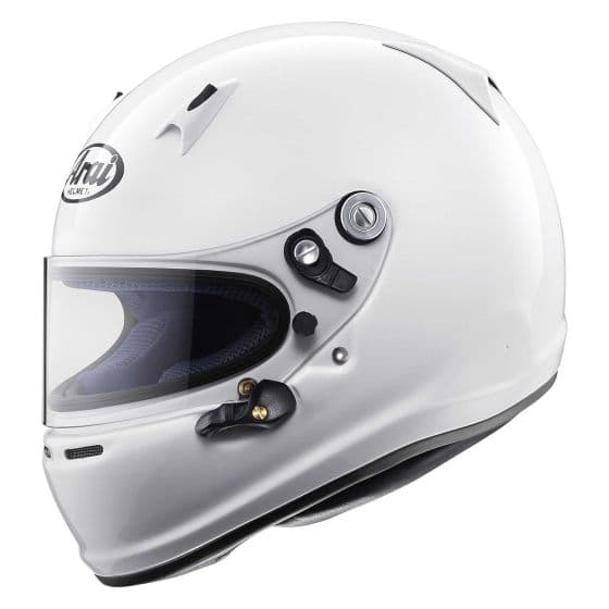 Arai SK-6 kart helmet in glossy white with a clear visor, featuring a sleek aerodynamic design and ventilation ports, suitable for head sizes M (57-58cm).