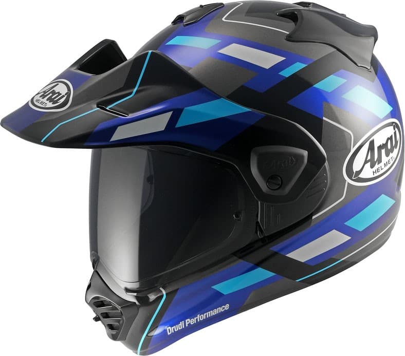 Arai Tour-X5 Match adventure helmet in black, grey, blue, and light blue, featuring a sleek design, visor, and ventilation ports, size L.