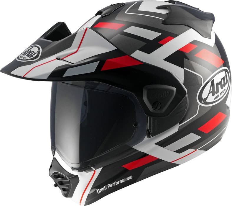 Arai Tour-X5 Match adventure helmet in black, grey, white, and red, featuring a sleek design, visor, and ventilation ports, size L.