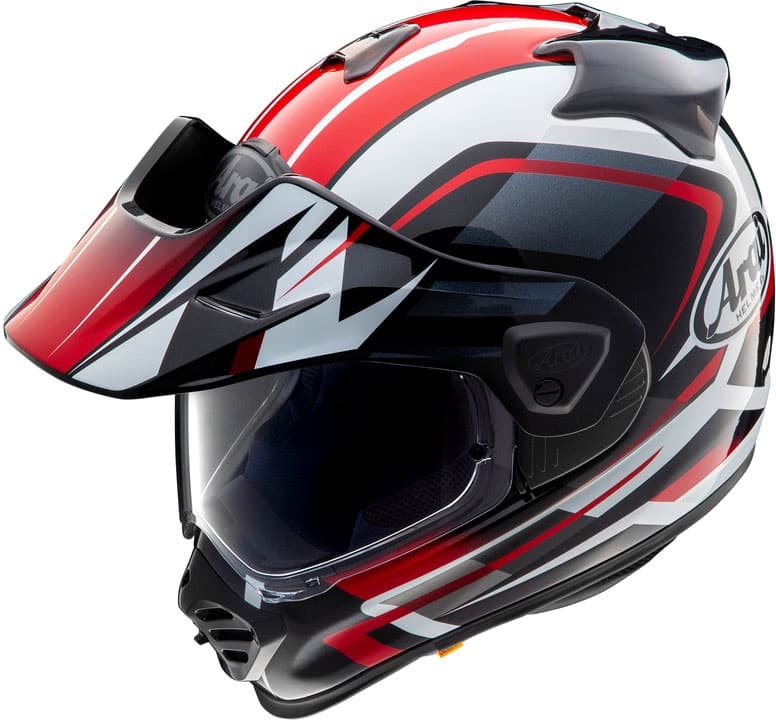 Arai Tour-X5 Discovery adventure helmet in black, white, and red, featuring a sleek design, adjustable visor, and a medium size for optimal fit and comfort.