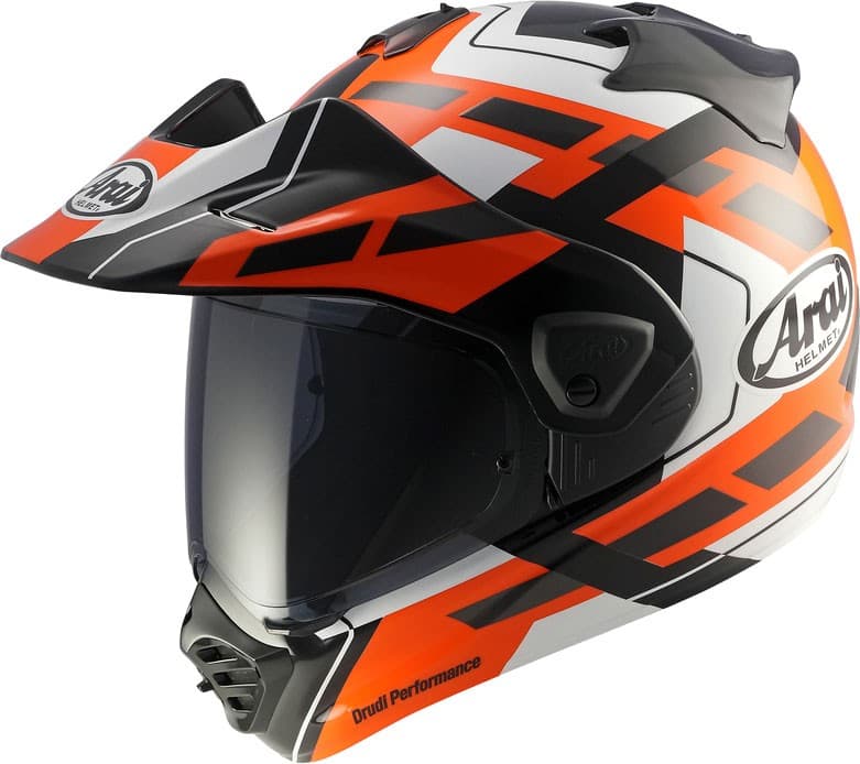 Arai Tour-X5 Match adventure helmet in black, white, and orange, featuring a sleek design, a clear visor, and a durable exterior, size small.