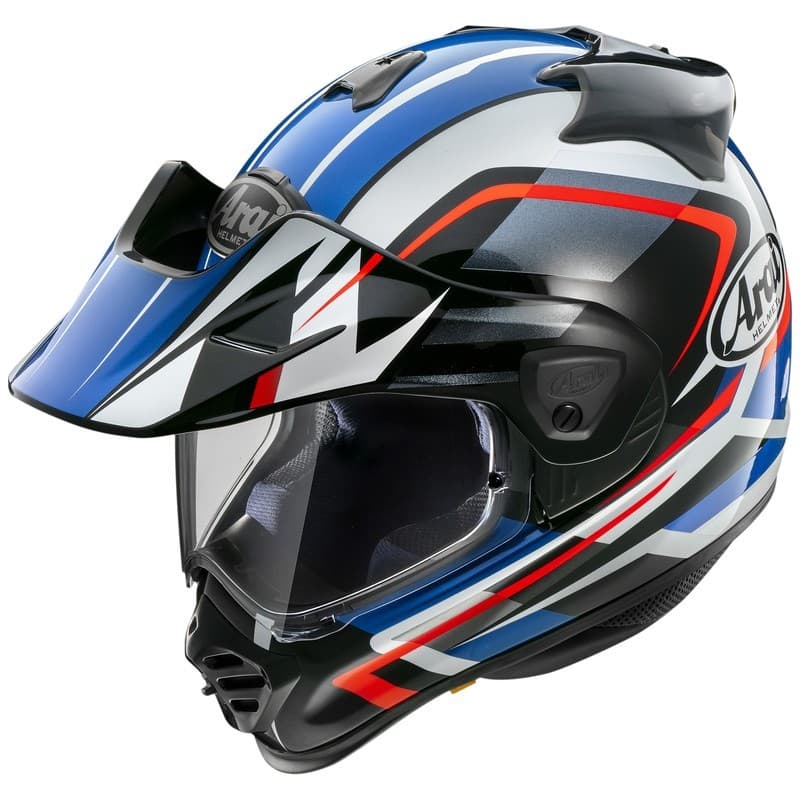 Arai Tour-X5 Discovery adventure helmet in black, white, blue, and red, featuring a distinctive visor, aerodynamic shape, and size S for optimal fit and comfort.