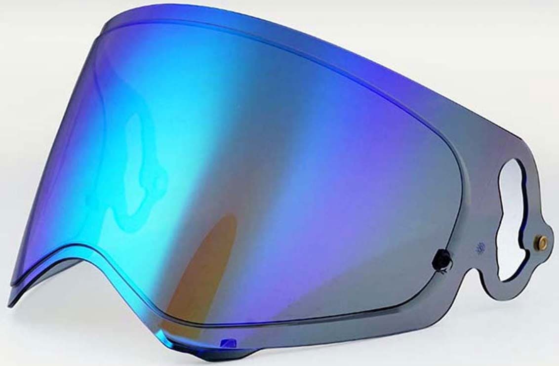 Mirrored blue and purple visor shield for Arai helmets, featuring a sleek design with a cutout for attachment and a reflective surface for enhanced visibility.