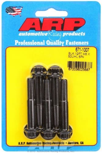 Black 12-point bolts in a pack of five, featuring a shiny finish, displayed on a blue card with white text, labeled "Professional Quality Fasteners" and "Made in the USA."