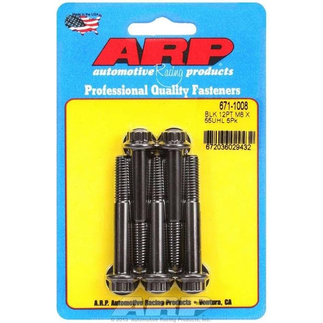 ARP (671-1008) Oxide Bolt set in black, featuring six high-strength bolts with a hex head, packaged on a blue card with product details and American flag emblem.