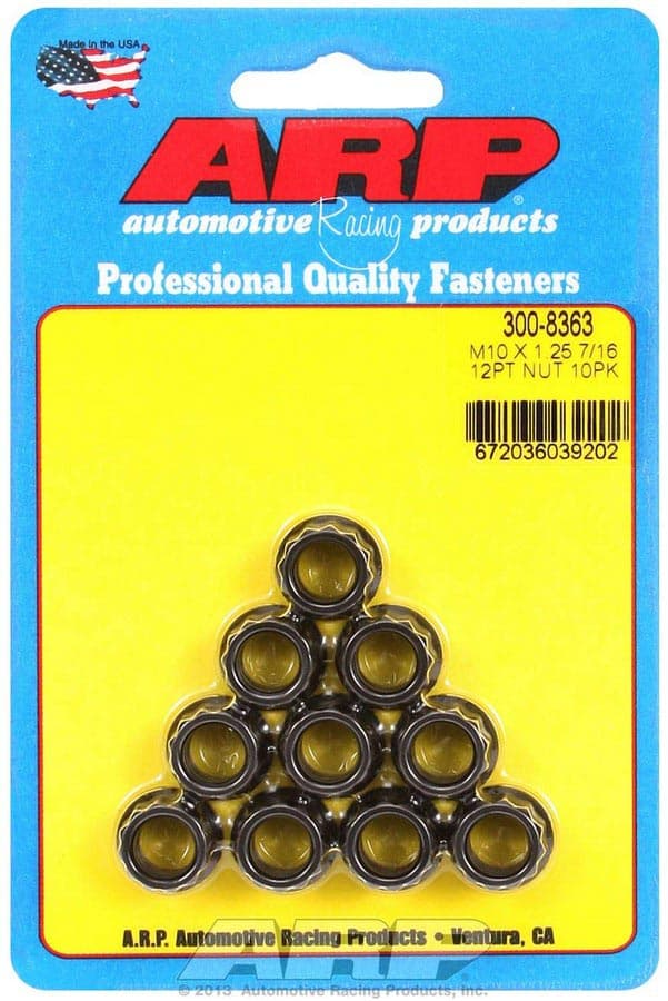 Ten black 12-point nuts, each measuring 10 mm x 1.25 in., displayed on a blue card with white text, featuring the ARP logo and "Made in the USA" label.