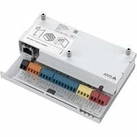 White security door controller with a compact design, featuring multiple color-coded terminals for connections and an Ethernet port for network integration.