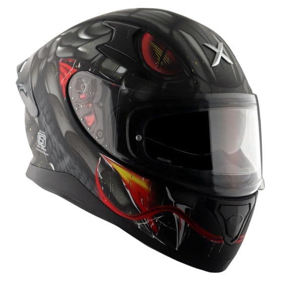 Black and grey Axor Apex Graphic Motorcycle Helmet in 2X-Large size, featuring a sleek design with a dragon motif, clear visor, and ventilation ports.