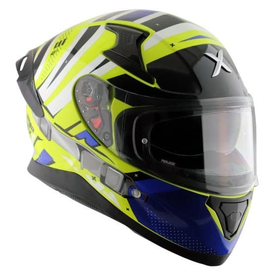 Axor Apex Graphic Motorcycle Helmet in blue and yellow, featuring a sleek design, tinted visor, and ventilation ports, sized small (55-56cm).