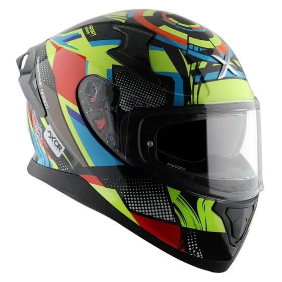 Black and yellow Axor Apex Graphic Motorcycle Helmet in X-Large size, featuring a vibrant geometric design, a clear visor, and ventilation openings for enhanced airflow.