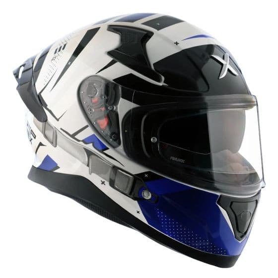 Axor Apex Graphic Motorcycle Helmet in blue and white, featuring a sleek aerodynamic design, a clear visor, and ventilation openings, sized X-Large (61-62cm).