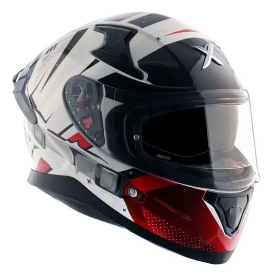 Axor Apex Graphic Motorcycle Helmet in red and white, featuring a sleek aerodynamic design, tinted visor, and ventilation slots, sized X-Large (61-62cm).