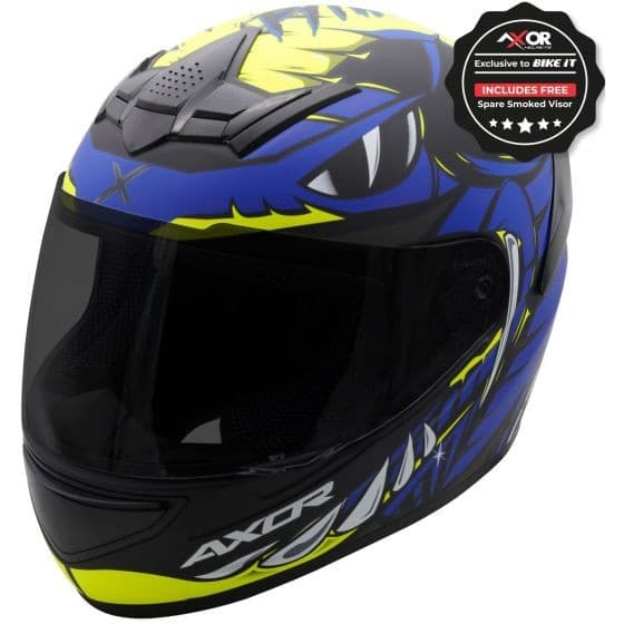 Black, blue, and yellow graphic motorcycle helmet featuring a fierce design, aerodynamic shape, and a tinted visor, size small (55-56cm), by AXOR.