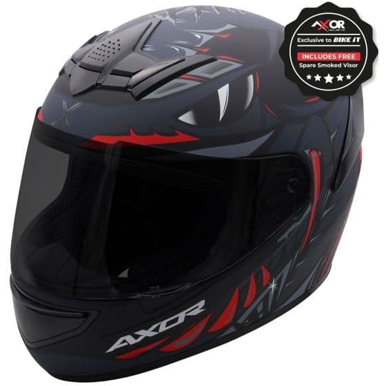 Black, grey, and red graphic motorcycle helmet with a sleek design, featuring a tinted visor and ventilation slots, size small (55-56cm), by AXOR. Includes a free smoked visor.