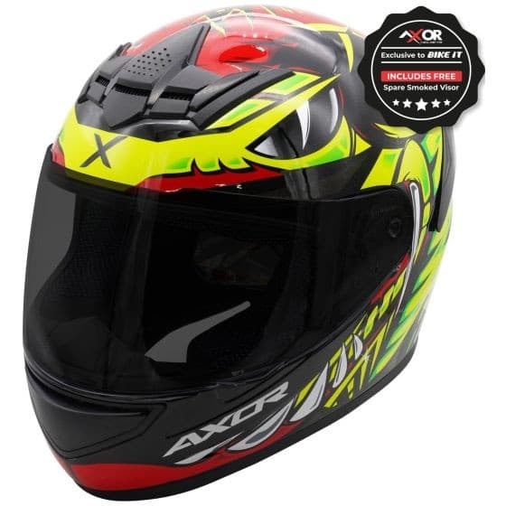 Axor Rage graphic motorcycle helmet in black, red, and yellow, featuring a sleek design, tinted visor, and X-Large size (61-62cm), includes a free smoked visor.