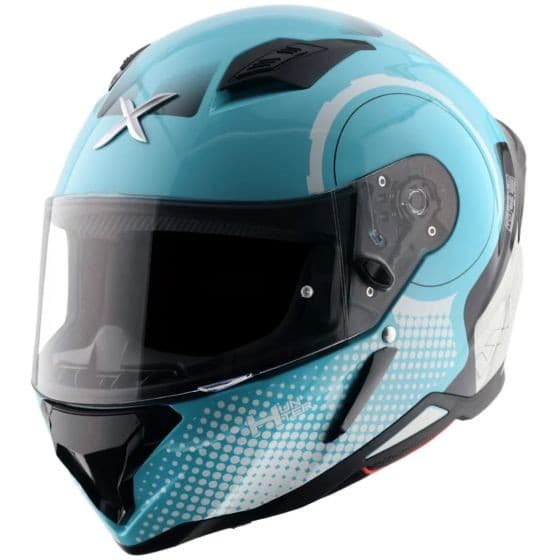 Axor SH890 Hunter Graphic Motorcycle Helmet in blue and white, featuring a sleek aerodynamic design, tinted visor, and ventilation ports, sized 2X-Large (63-64cm).
