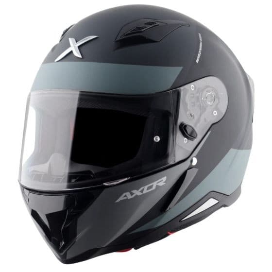 Black and grey Axor SH890 Hunter Graphic Motorcycle Helmet, large size (59-60cm), featuring a sleek design, tinted visor, and ventilation ports.