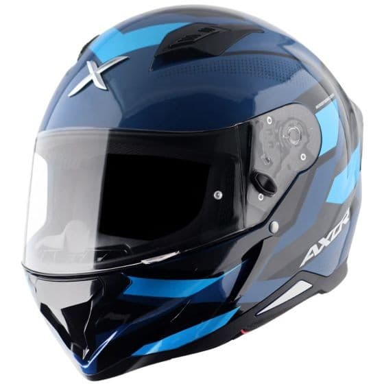 Axor SH890 Hunter Graphic Motorcycle Helmet in black and blue, featuring a sleek aerodynamic design, a clear visor, and ventilation ports, sized small (55-56cm).