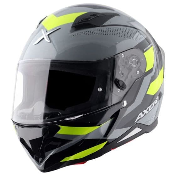 Black and yellow AXOR SH890 Hunter Graphic Motorcycle Helmet in X-Large size, featuring a sleek design, tinted visor, and ventilation ports for enhanced airflow.