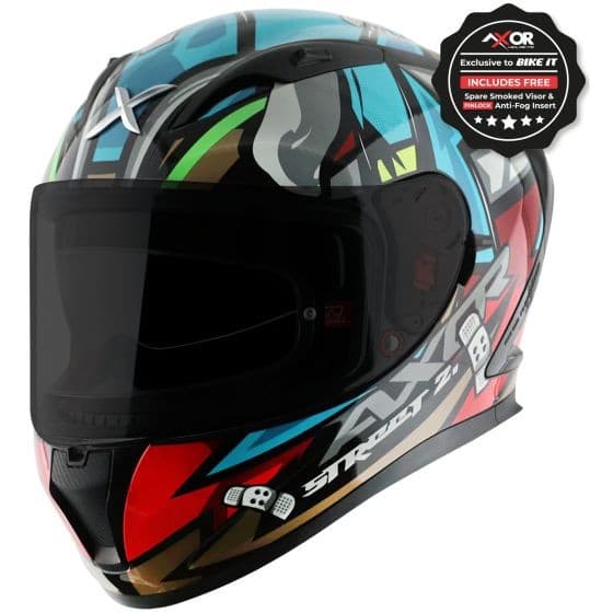Black and blue AXOR Street Graphic Motorcycle Helmet in X-Large size, featuring a vibrant graphic design, a tinted visor, and a sleek aerodynamic shape.