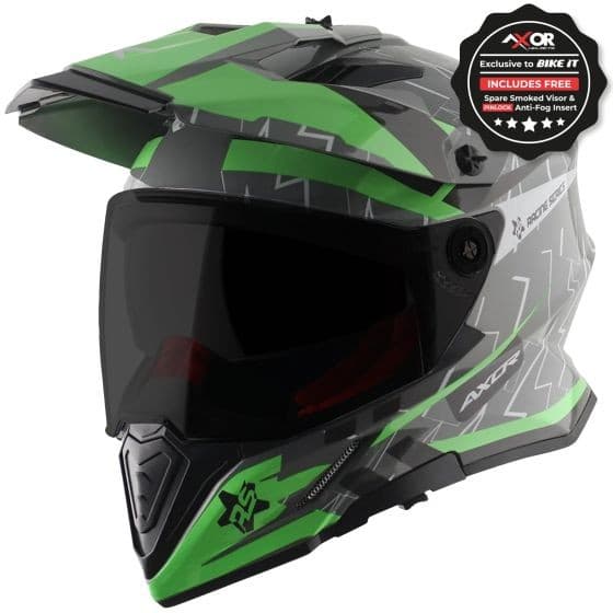 Green and grey Axor X-Cross Graphic Motorcycle Helmet in large size, featuring a sleek design, tinted visor, and a removable anti-fog insert.