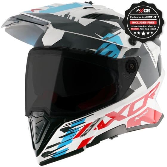 Red and white AXOR X-Cross Graphic Motorcycle Helmet in large size, featuring a sleek design, smoked visor, and bold graphic patterns on a durable exterior.